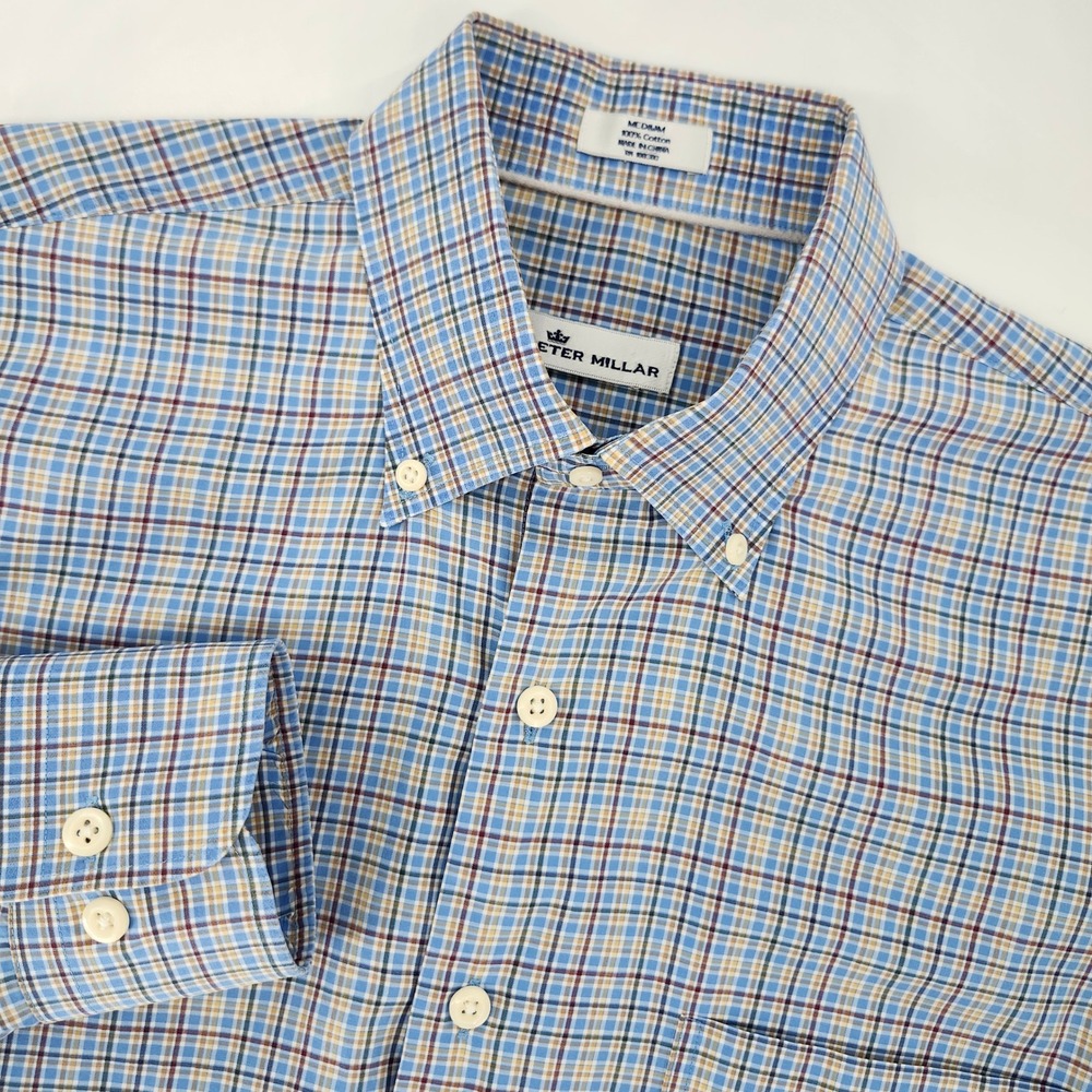 Peter Millar Mens Button Down Shirt Size M Blue Brown Plaid Long Sleeve Cotton